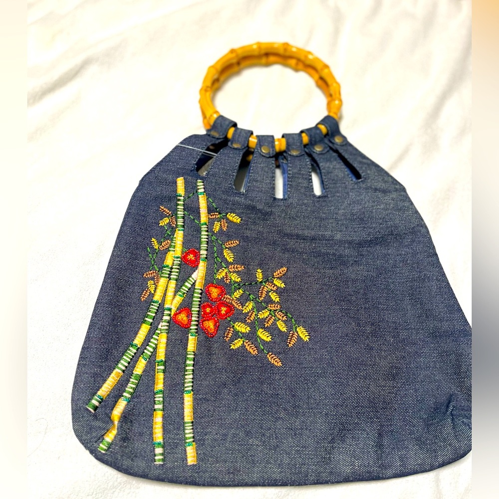 Embroidered spacious denim handbag, bamboo handles